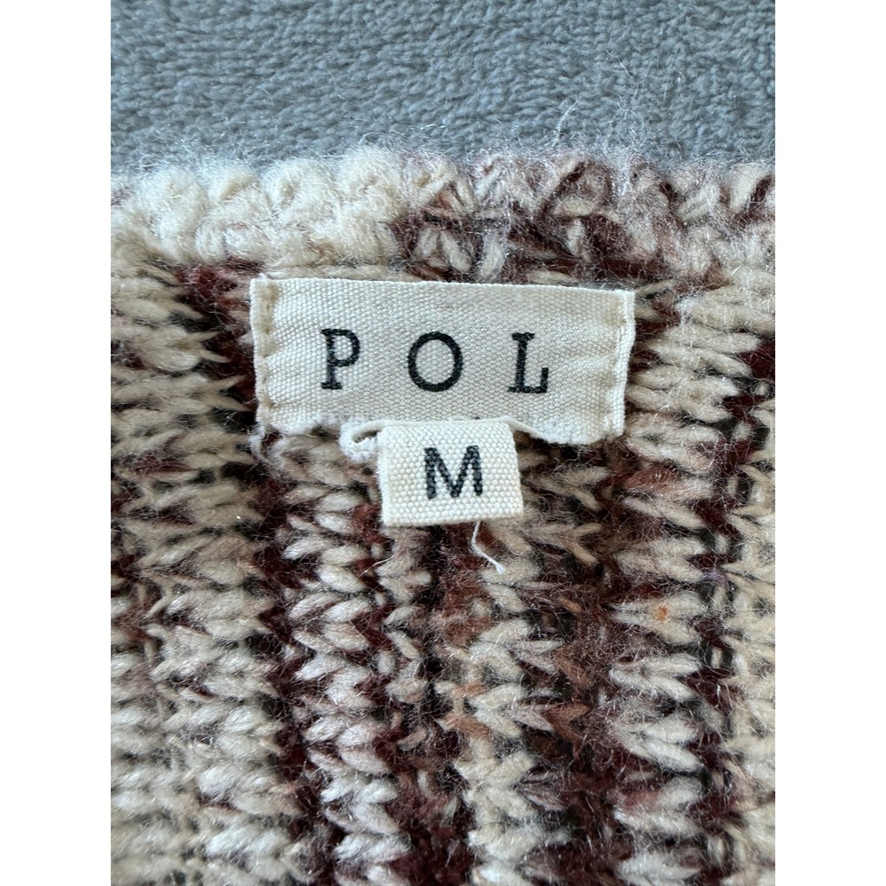 POL Open Front Cardigan Sweater Womens M Brown Cream Space Dye Fringe Boho - Picture 4 of 7